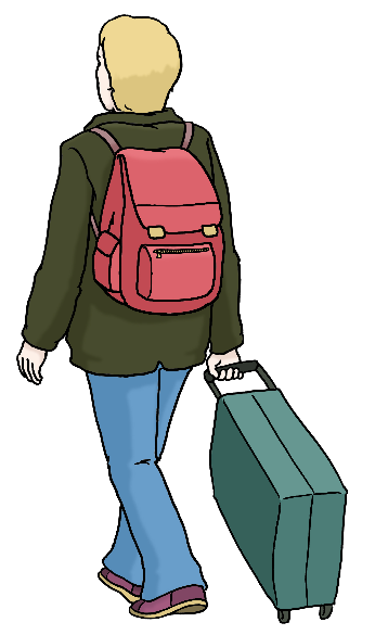 Eine Person ist von hinten abgebildet, sie geht und zieht einen Koffer hinter sich her. Sie trägt einen roten Rucksack.